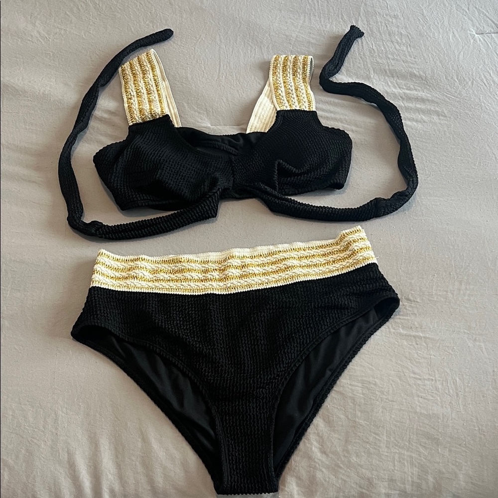 Black Two-Piece Bikini Set with Gold Trim